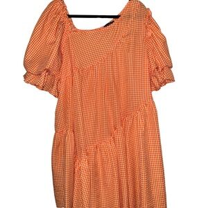 Orange Gingham Puff-Sleeve Women's Dress